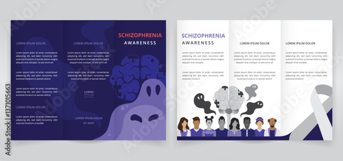 Schizophrenia awareness trifold brochure, pamphlet or triptych leaflet template featuring incomplete brain puzzle, ghosts, patients and healthcare staff