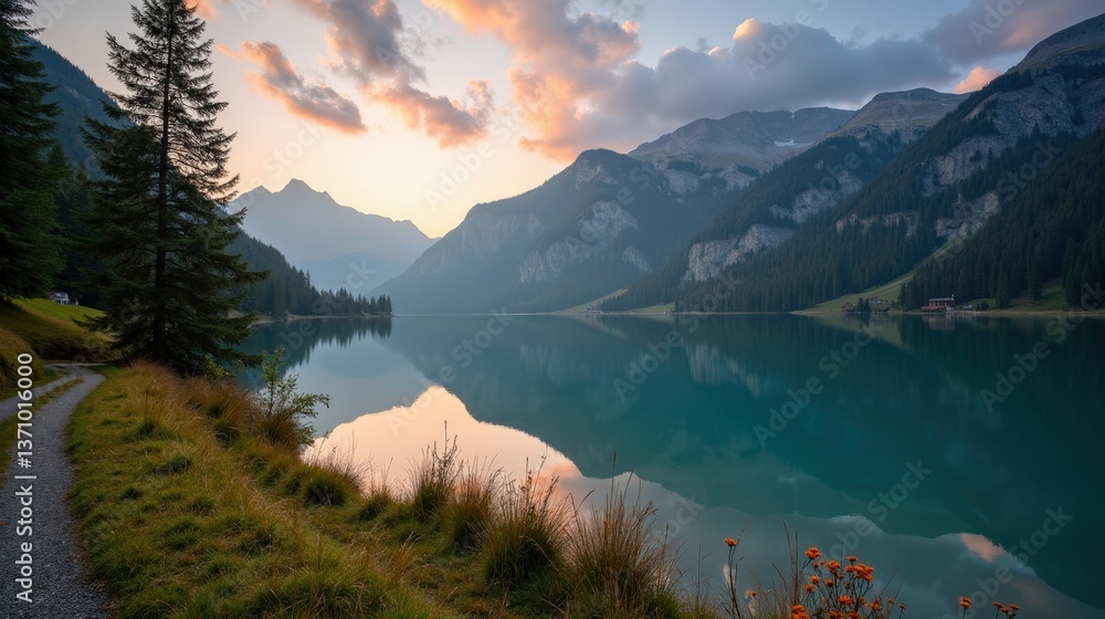 Obraz premium Golden dusk at Lake Cauma, where warm sunlight illuminates the tranquil turquoise waters and lush Swiss forest. A peaceful, enchanting nature scene in soft evening light.