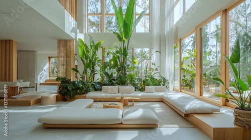 Tranquil biophilic design living space lush indoor plants large open windows sustainable natural materials soft diffused light creates a harmonious connection between nature and modern architecture