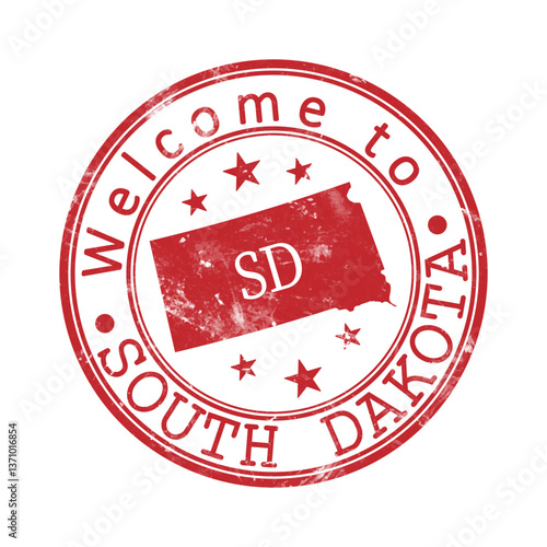Welcome to South Dakota. A worn stamp with a silhouette of the state and an abbreviated designation. Print impression, a template for creative design