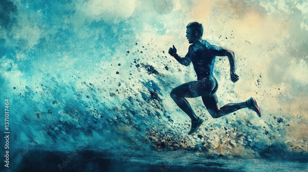 Man runner overcoming difficulty, mixed media concept Man runner overcoming difficulty, mixed media concept