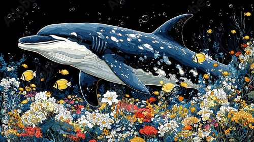 A vibrant underwater world, teeming with colorful fish, playful dolphins, and majestic sharks, awaits coloring in a captivating coloring book page. 