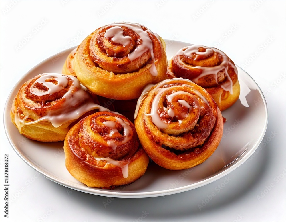 Glazed Cinnamon Rolls on White Plate, High-Quality Image Glazed Cinnamon Rolls on White Plate, High-Quality Image