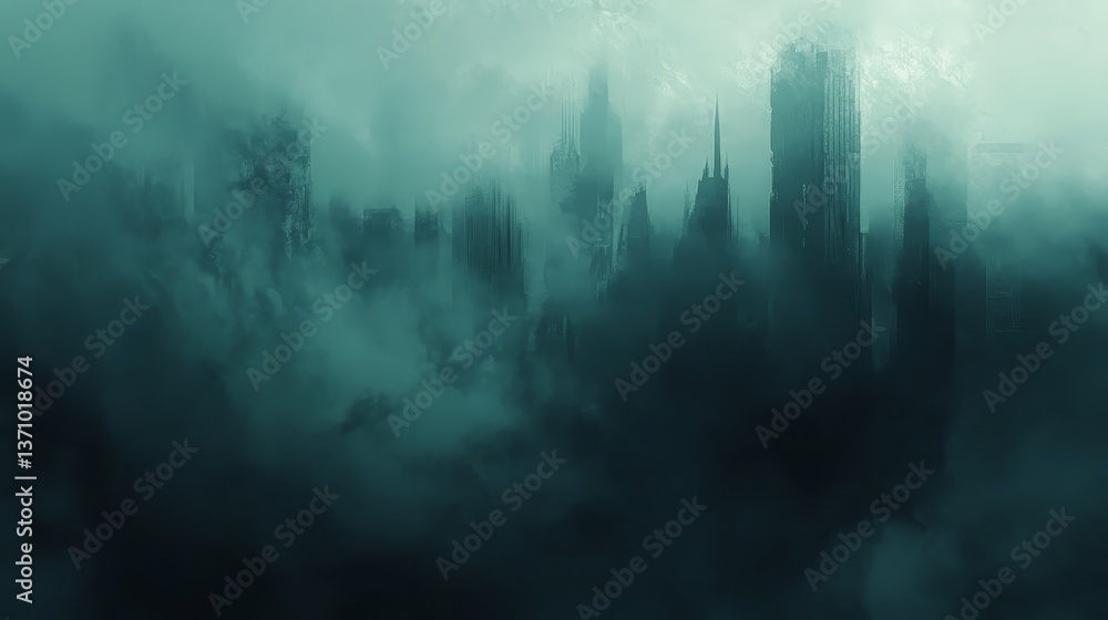City skyline shrouded in thick eerie fog. City skyline shrouded in thick eerie fog.