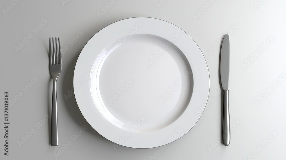 Empty White Plate with Fork and Knife on a Minimalist Table Setting Empty White Plate with Fork and Knife on a Minimalist Table Setting
