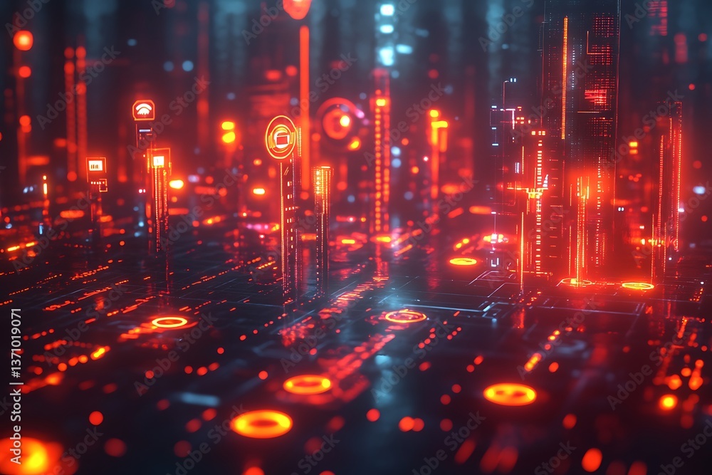 Fototapeta premium A series of digital barriers protecting a central data hub, each barrier glowing with different security symbols, representing multiple layers of protection