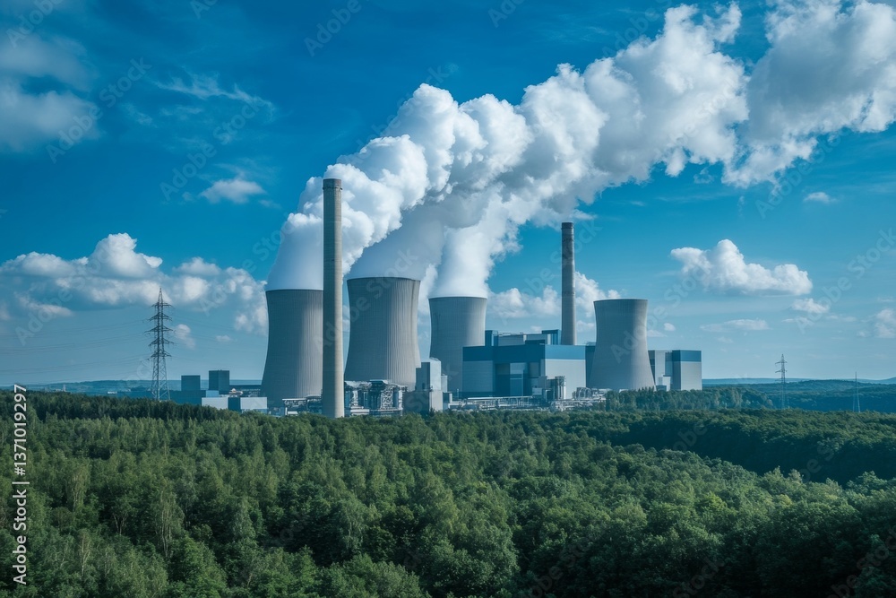 Power plant emitting white smoke surrounded by lush green forest under a clear blue sky in germany Power plant emitting white smoke surrounded by lush green forest under a clear blue sky in germany