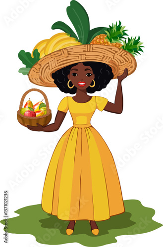 Dark-skinned girl with fruits.Vector illustration of a dark-skinned girl in a yellow dress carrying fruits.