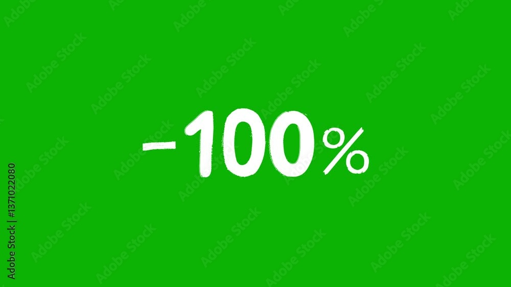 Animated white discount lettering for the “-100%” promotion in a sloppy font on a green screen on a chromakey background Animated white discount lettering for the “-100%” promotion in a sloppy font on a green screen on a chromakey background