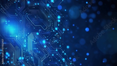 Detailed blue circuit board with glowing lights conveys technology and connectivity