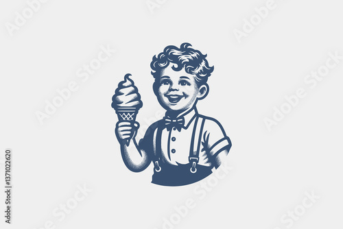Vintage boy with ice cream, 1950s retro engraving icon