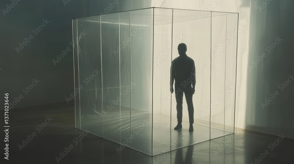 Fototapeta premium Person standing in a glass cube structure.