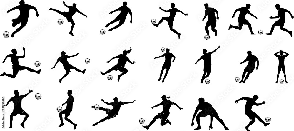 Football (Soccer) Player Action Poses Vector Set | Kicking, Dribbling, Passing, Defending, Shooting Football (Soccer) Player Action Poses Vector Set | Kicking, Dribbling, Passing, Defending, Shooting