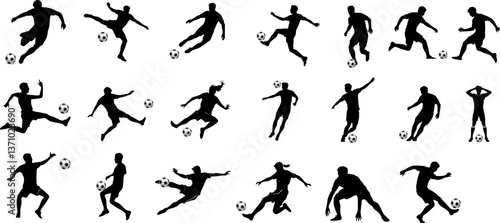 Football (Soccer) Player Action Poses Vector Set | Kicking, Dribbling, Passing, Defending, Shooting
