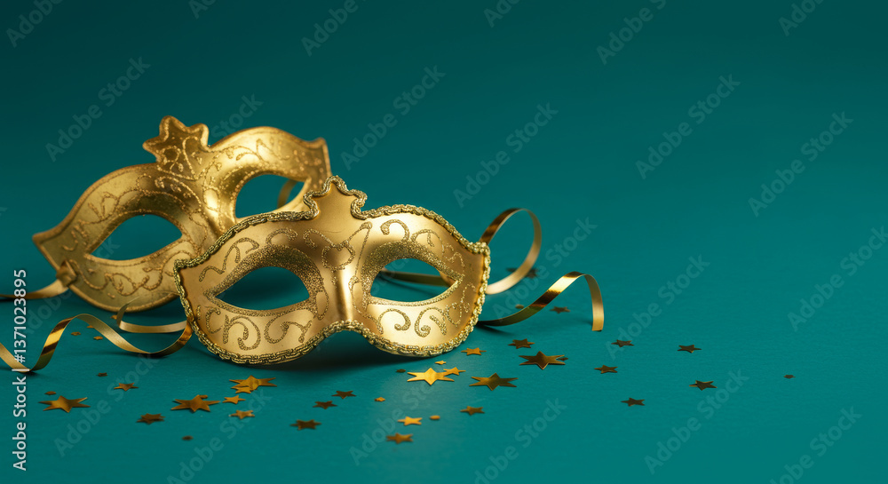 Naklejka premium Elegant Golden Masks and Festive Confetti - Two ornate gold masquerade masks rest on a teal background, adorned with golden confetti and ribbons. Perfect for events, celebrations, or mystery themes