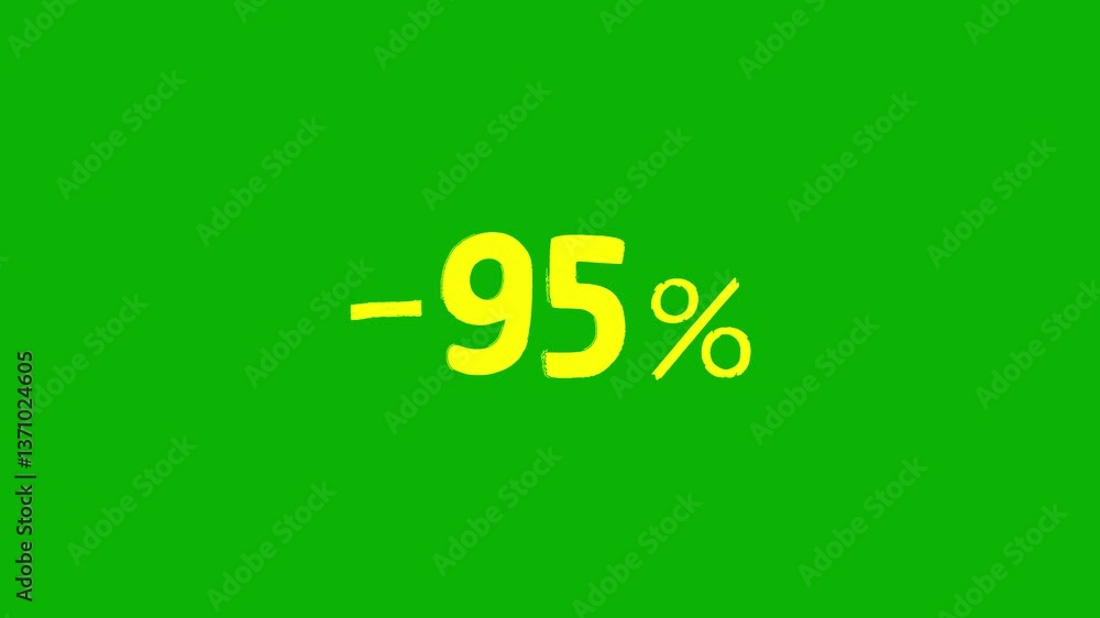 Animated yellow discount lettering for the “-95%” promotion in a sloppy font on a green screen on a chromakey background Animated yellow discount lettering for the “-95%” promotion in a sloppy font on a green screen on a chromakey background