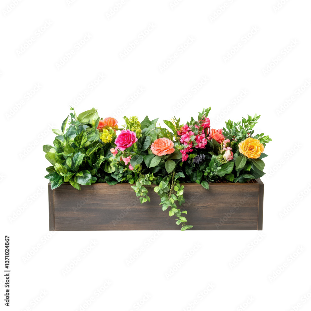 A wooden planter box is filled with a variety of colorful flowers and lush greenery, enhancing the bright interior space beautifully. A wooden planter box is filled with a variety of colorful flowers and lush greenery, enhancing the bright interior space beautifully.