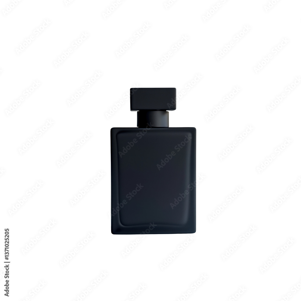 Stylish matte black square perfume bottle showcases its transparent cut out against a transparent background, highlighting modern design. Stylish matte black square perfume bottle showcases its transparent cut out against a transparent background, highlighting modern design.