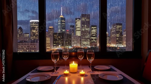 Romantic dinner setting with candles and skyline view at night rainy weather