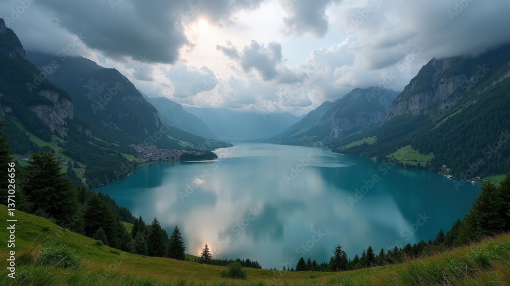Aerial view of Lake Oeschinen at dawn with overcast skies. The serene lake mirrors the rugged Swiss Alps, with mist swirling over the water in the early morning. Aerial view of Lake Oeschinen at dawn with overcast skies. The serene lake mirrors the rugged Swiss Alps, with mist swirling over the water in the early morning.