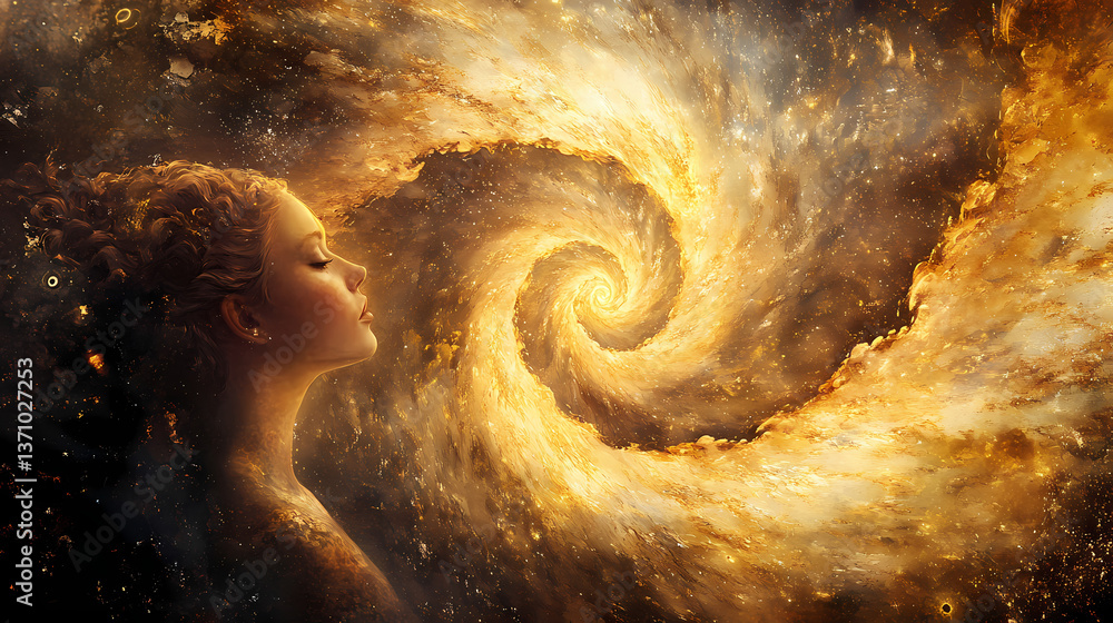 Fototapeta premium Guardian golden spiral celestial. Celestial Veil. Illustration