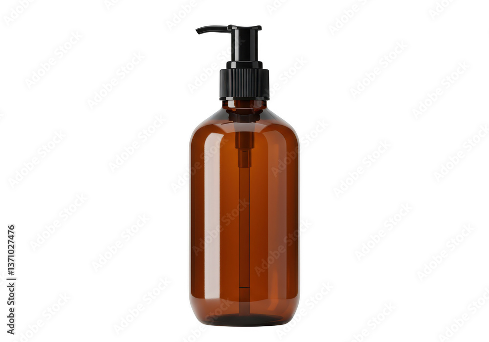 A amber plastic dispenser bottle with a glossy finish isolated on transparent background A amber plastic dispenser bottle with a glossy finish isolated on transparent background