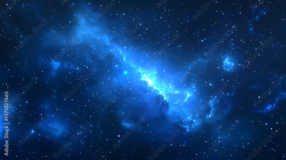 Obraz premium Shiny starfield against a deep blue background, with some stars showing through the veil of gas and dust, cosmos, dark blue, galaxy, space. Celestial Veil. Illustration