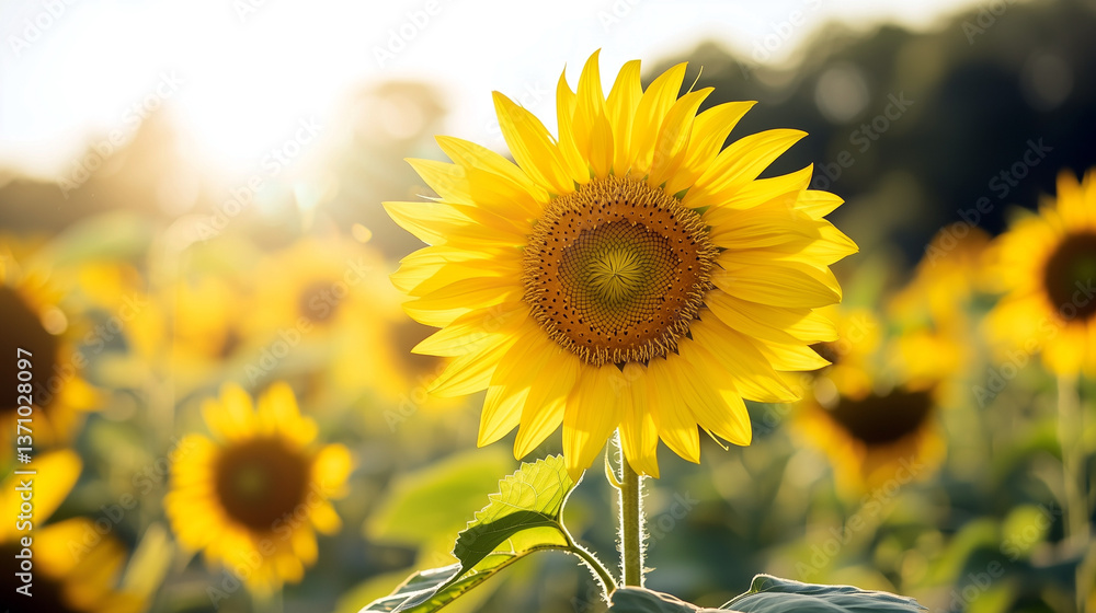 Fototapeta premium Bright Yellow Sunflower Facing the Sun in a Breezy Field