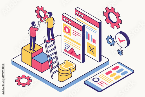 77 Isometric illustration, web development, coding, teamwork, colorful miniature figures, 3D geometric shapes, data visualization, mobile app design, user interface elements, ladders, analytics charts