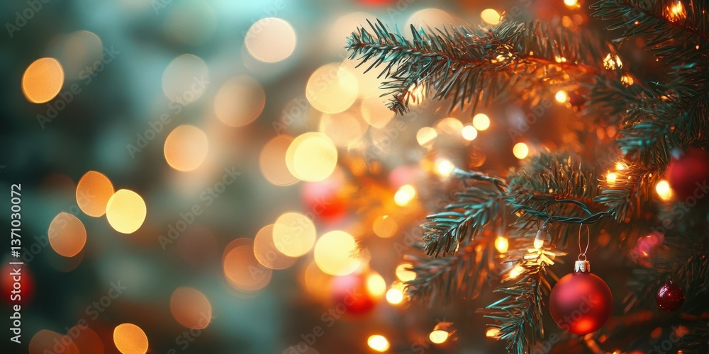 Decorated Christmas tree with twinkling lights and ornaments creating a festive atmosphere during holiday celebrations Decorated Christmas tree with twinkling lights and ornaments creating a festive atmosphere during holiday celebrations