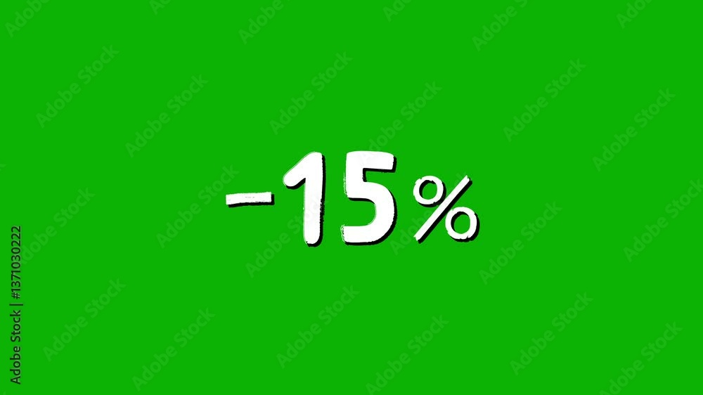 Animated white discount lettering for the “-15%” promotion in a sloppy font on a green screen on a chromakey background Animated white discount lettering for the “-15%” promotion in a sloppy font on a green screen on a chromakey background