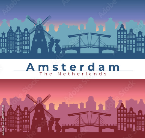 The silhouette of the beautiful city of Amsterdam is in blue and red shades in a flat Vector style.