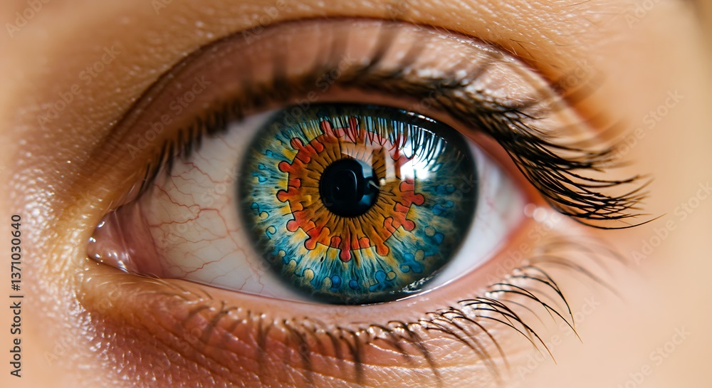 Fototapeta premium Eye Reflection Showing Interconnected Puzzle Pieces in Iris Close Up View