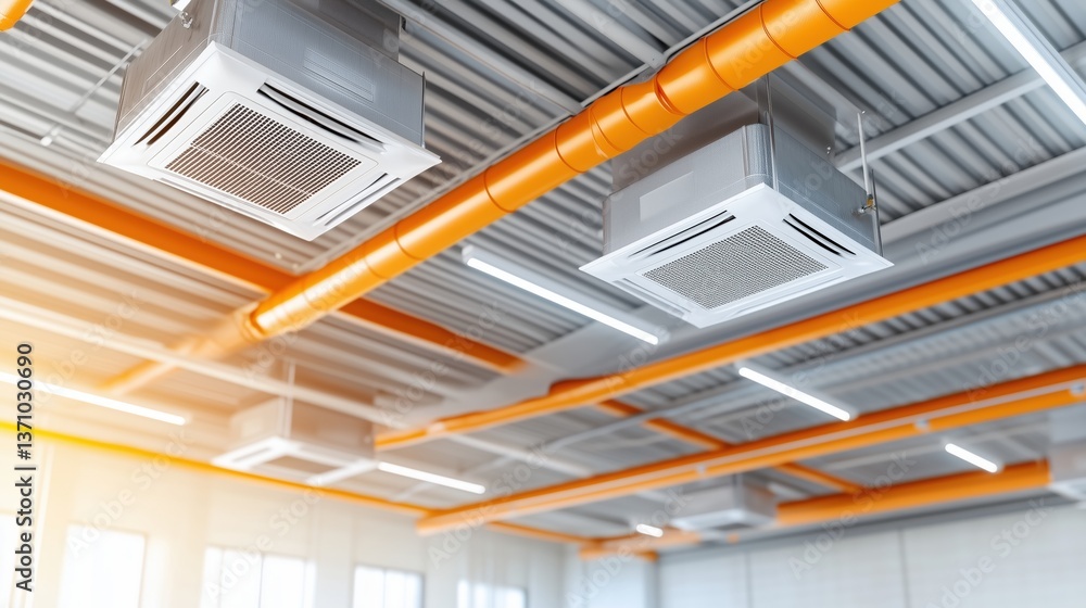 Ceiling view of HVAC air conditioning system and orange ventilation pipes in industrial space Ceiling view of HVAC air conditioning system and orange ventilation pipes in industrial space