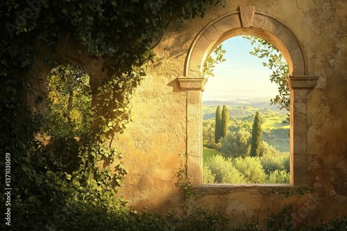 An old stone window covered in vines looks out onto a lush Tuscan landscape with rolling hills and cypress trees.
