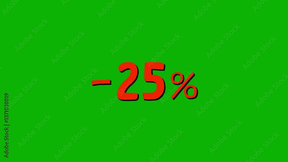 Animated “-25%” Discount Text in Color-Shifting Cartoon Style – Isolated on Green Screen Chroma Key Background for Sales, Promotions, and Marketing Videos Animated “-25%” Discount Text in Color-Shifting Cartoon Style – Isolated on Green Screen Chroma Key Background for Sales, Promotions, and Marketing Videos
