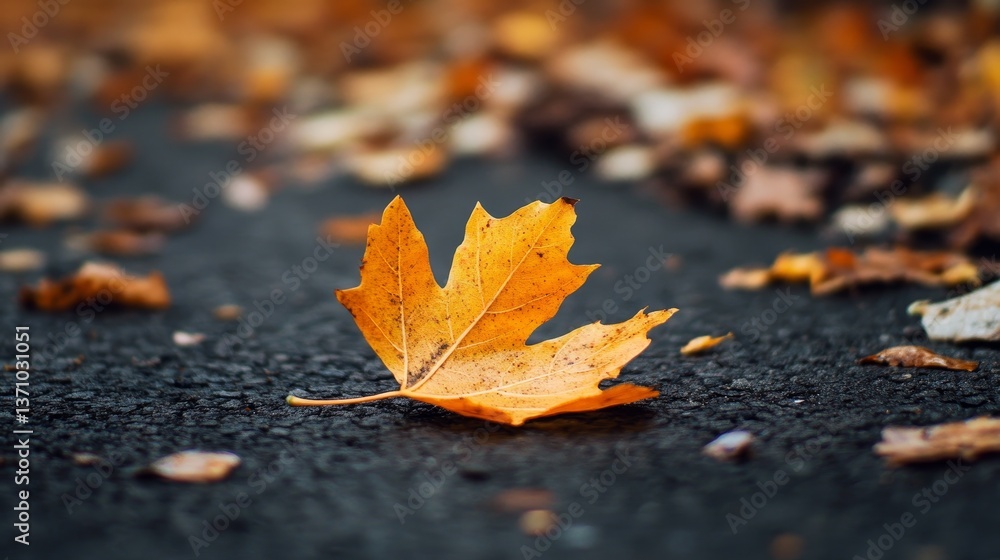 Autumn leaf on dark pavement. Fallen leaves. Autumn leaf on dark pavement. Fallen leaves.