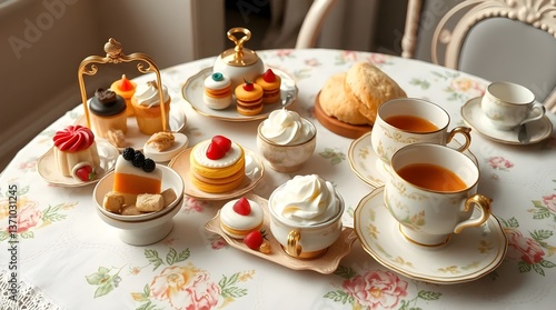 Wallpaper Mural An elegant high-tea setup with an assortment of petit fours, scones with clotted cream, and delicate tea cups on a floral-patterned tablecloth Torontodigital.ca