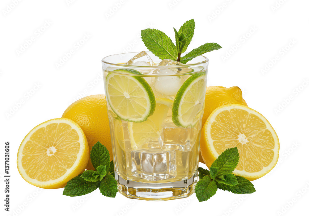 Refreshing lemon lime drink in a clear glass with ice cubes, lime wedges and fresh mint leaves isolated on transparent background Refreshing lemon lime drink in a clear glass with ice cubes, lime wedges and fresh mint leaves isolated on transparent background
