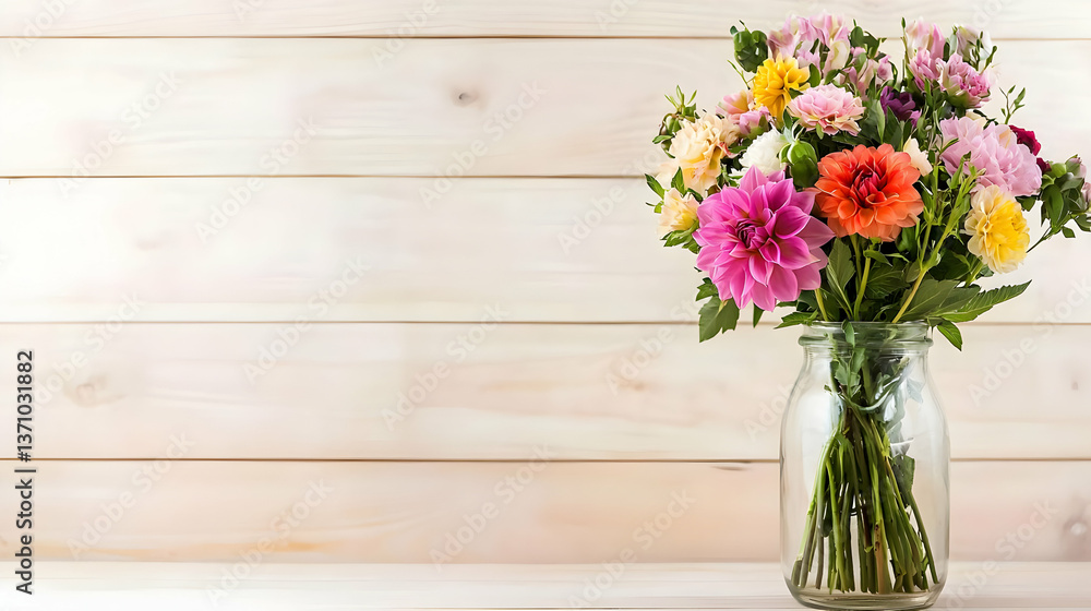 Colorful Flower Bouquet In Glass Jar On White Wooden Background Colorful Flower Bouquet In Glass Jar On White Wooden Background