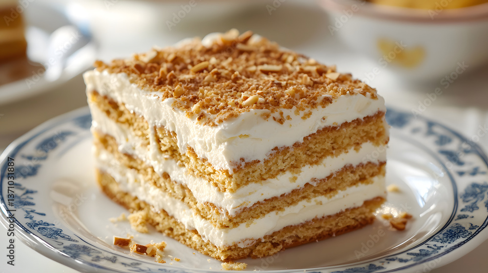 Delicious Portuguese Biscuit Cake with Layers of Cream and Crunchy Topping Delicious Portuguese Biscuit Cake with Layers of Cream and Crunchy Topping