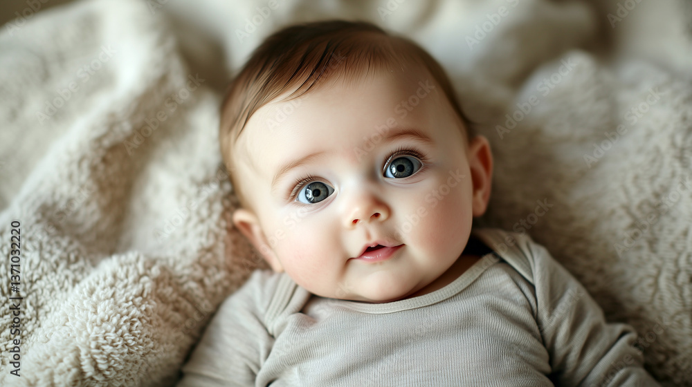 Curious baby looking up with wide eyes on a soft blanket Curious baby looking up with wide eyes on a soft blanket