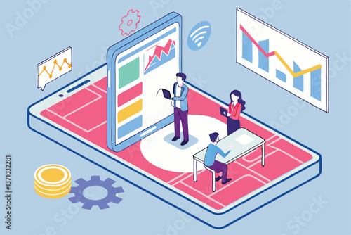 79 Isometric digital workspace, giant smartphone platform, augmented reality business meeting, holographic charts and graphs, 3D data visualization, people interacting with virtual elements, futuristi