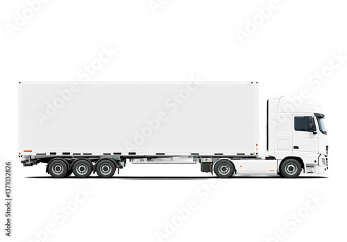 White cargo truck as large commercial freight vehicle, with a streamlined cab and a large cargo container, isolated on a transparent background