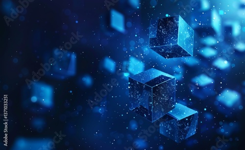 Blue vector illustration depicting blockchain technology with cubes on a dark blue background highlighting digital connections