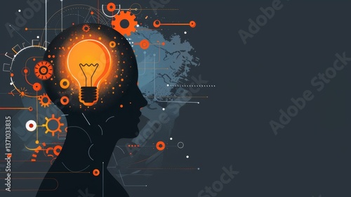 Head silhouette design featuring lightbulb and gears illustrates creativity and innovation with a modern flair