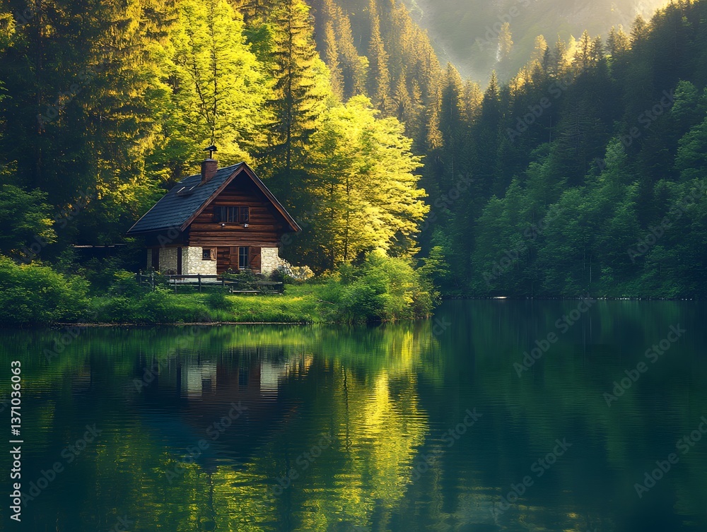 Fototapeta premium Secluded Wooden Cabin by Calm Lake in Lush Forest