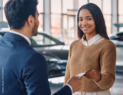 business people shaking hands in car dealership