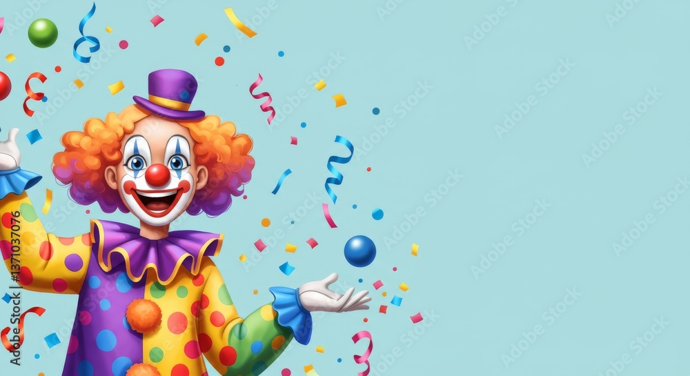 Naklejka premium Joyful Clown Carnival Celebration - A happy clown in a colorful costume celebrates with confetti. Symbolizes joy, fun, festivity, celebration, and playfulness