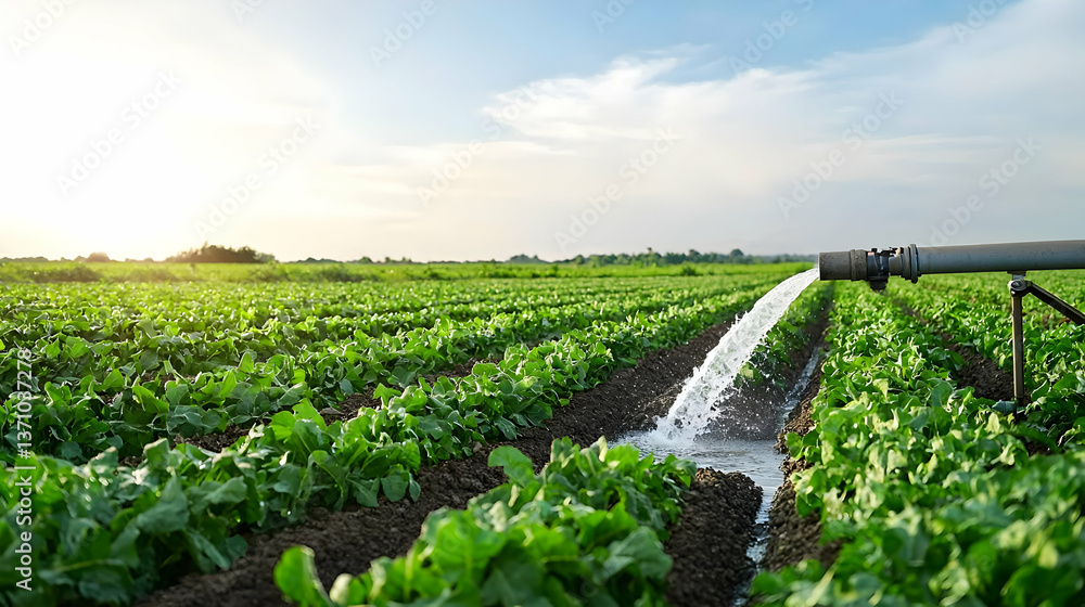 Irrigation System Watering Green Field at Sunrise Irrigation System Watering Green Field at Sunrise